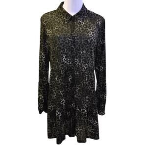 Style&Co Long Tunic Top Tiered Ruffle L Green Black‎ Animal Print Cheetah Y2K